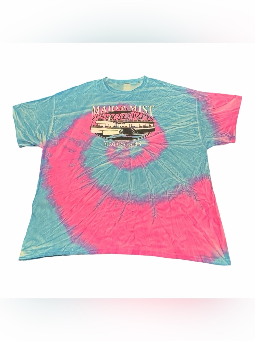 Vintage Tie Dye Tee Pink Blue Spiral Maid of the Mist Niagara Falls 1X Plus Size